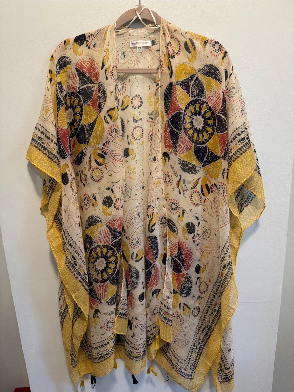 Woven Heart Cream Kimono with Boho Print